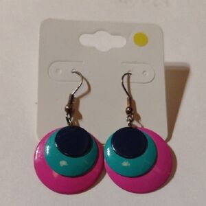 80s Multicolor Layered Disc Earrings Hot Pink, Teal And Navy